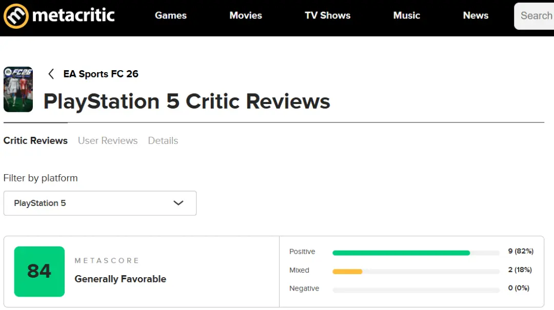 میانگین نقدها و نمرات بازی EA Sports FC 26 در وب‌سایت متاکریتیک (Metacritic)