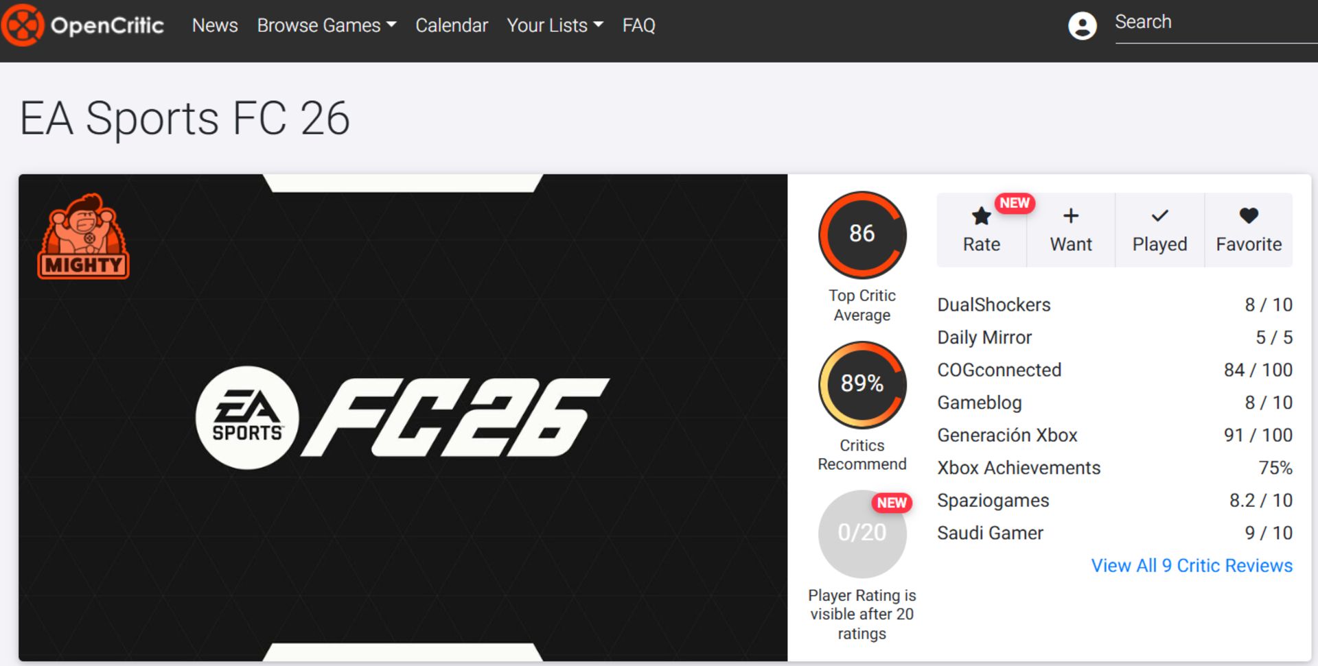 میانگین نقدها و نمرات بازی EA Sports FC 26 در وب‌سایت اوپن‌کریتیک (Opencritic)