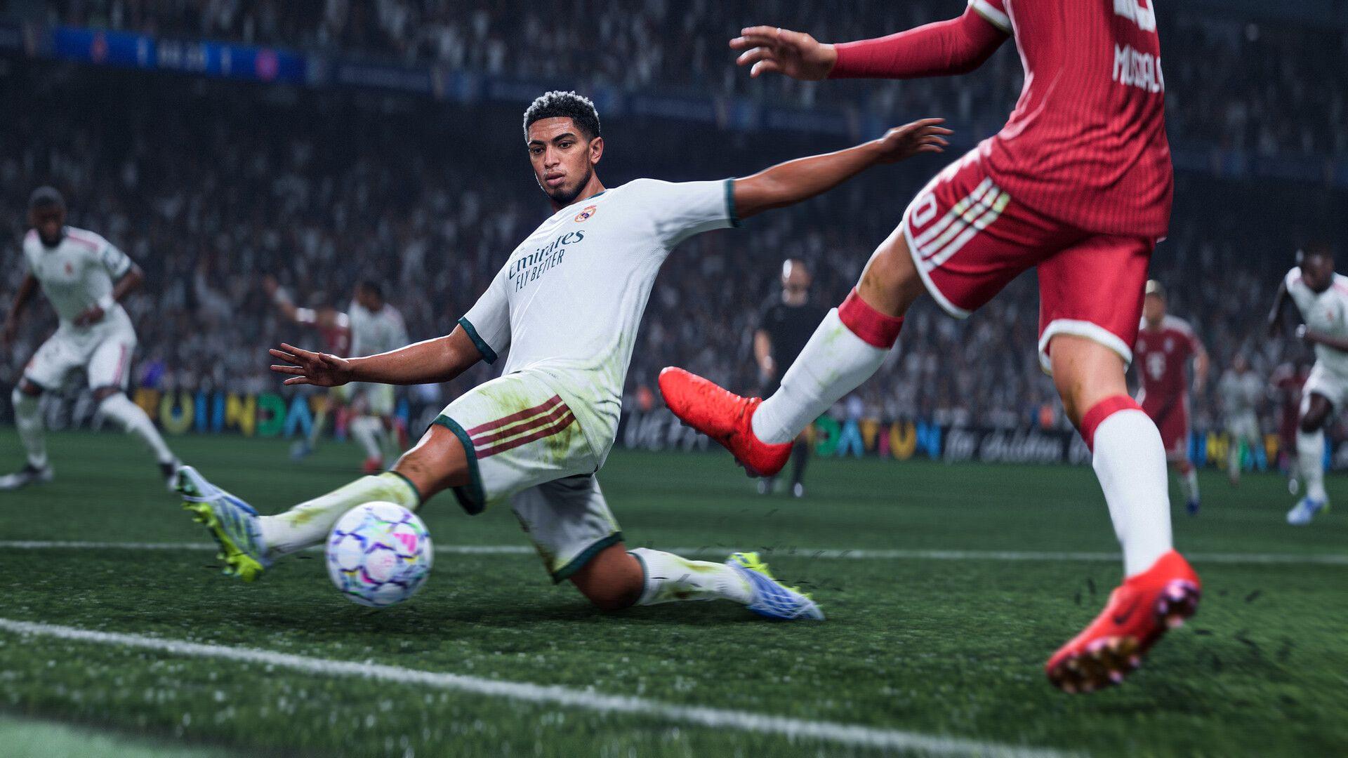بازیکن رئال مادرید (Real Madrid) در حال شوت زدن به توپ در بازی FC 27