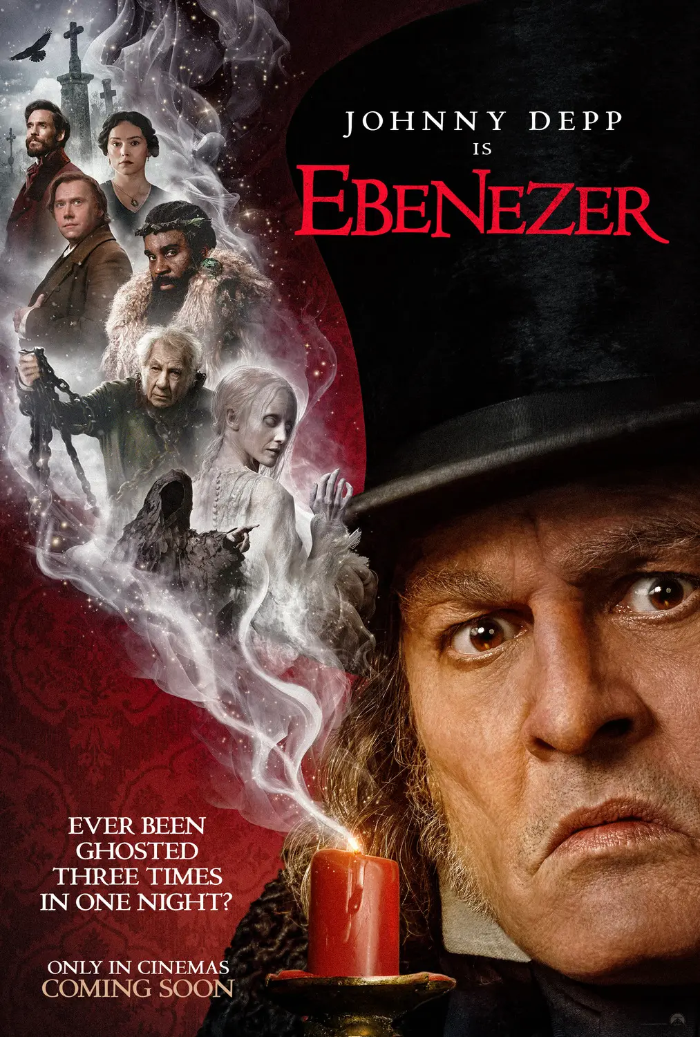 چهره جانی دپ (Johnny Depp) در نقش اسکروچ در پوستر فیلم Ebenezer