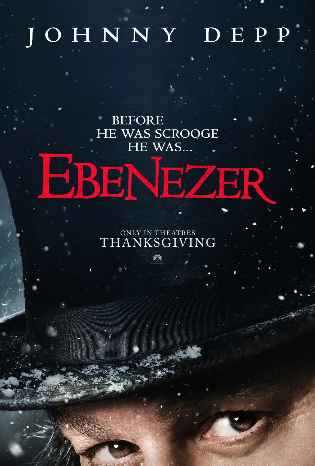 چهره جانی دپ (Johnny Depp) در کلاه بلند سیاه در فیلم Ebenezer