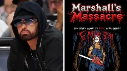 امینم (Eminem) در کنار پوستر بازی ویدیویی Marshall's Massacre