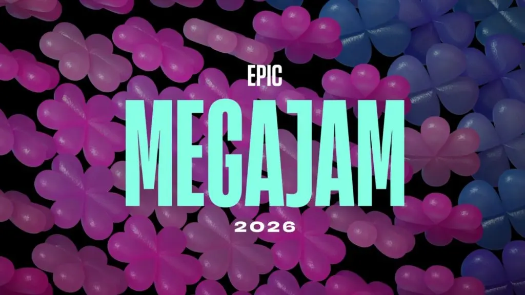 لوگوی مسابقه Epic Megajam 2026 با پس‌زمینه گل‌های سه‌پر رنگی