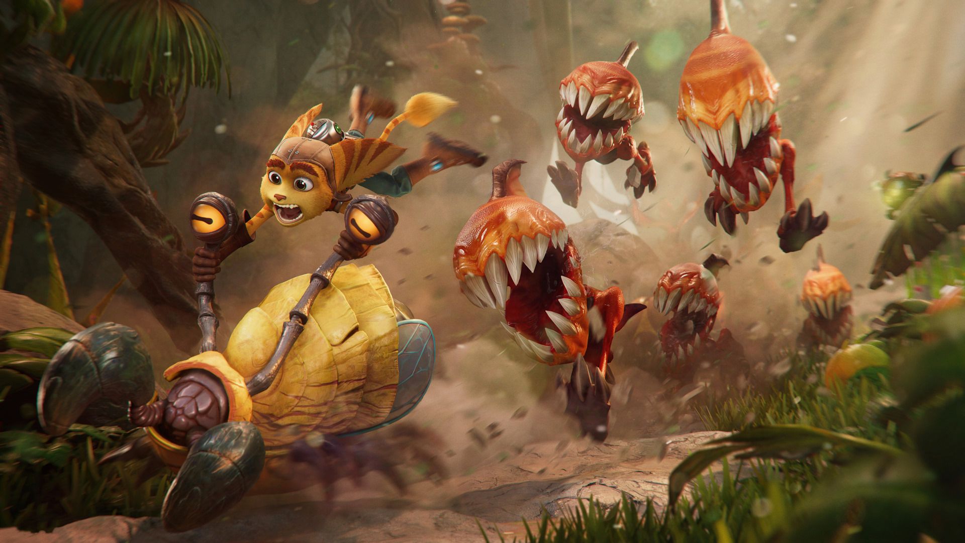 فرار شخصیت رچت از موجودات وحشی در بازی Ratchet & Clank: Rift Apart