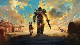 شخصیت اصلی بازی Fallout در لباس زره‌پوش در کنار یک سگ در بیابان