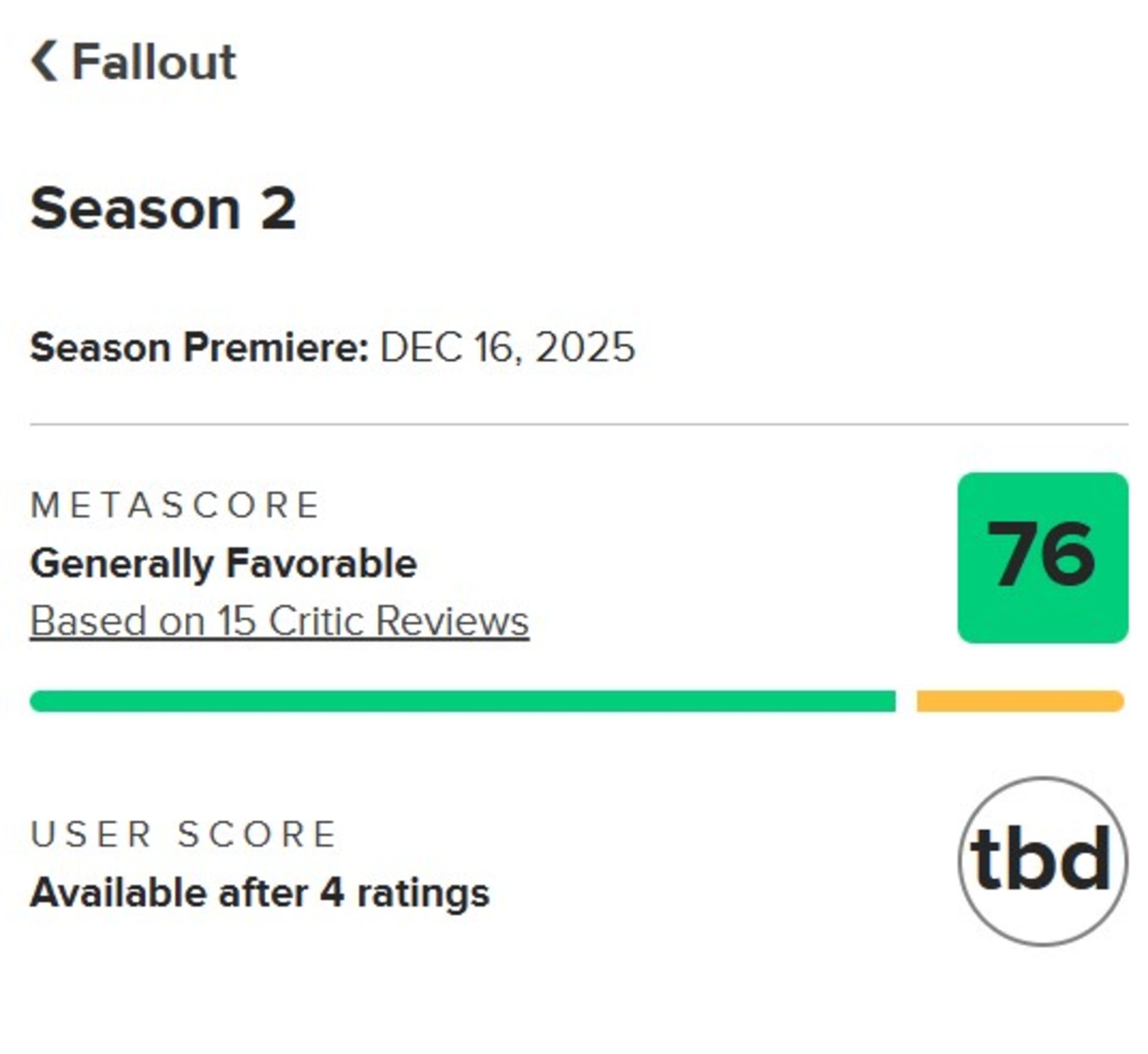 میانگین نقدهای فصل دوم سریال Fallout در متاکریتیک
