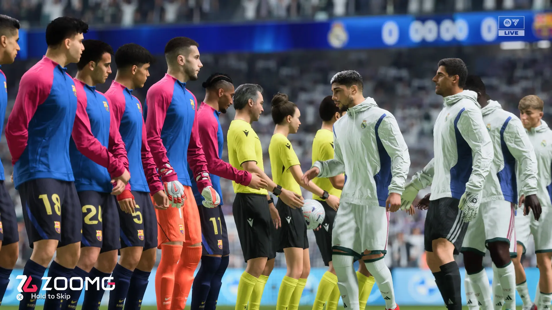 بازیکنان تیم‌های فوتبال در حال دست دادن پیش از شروع مسابقه در بازی FC 27