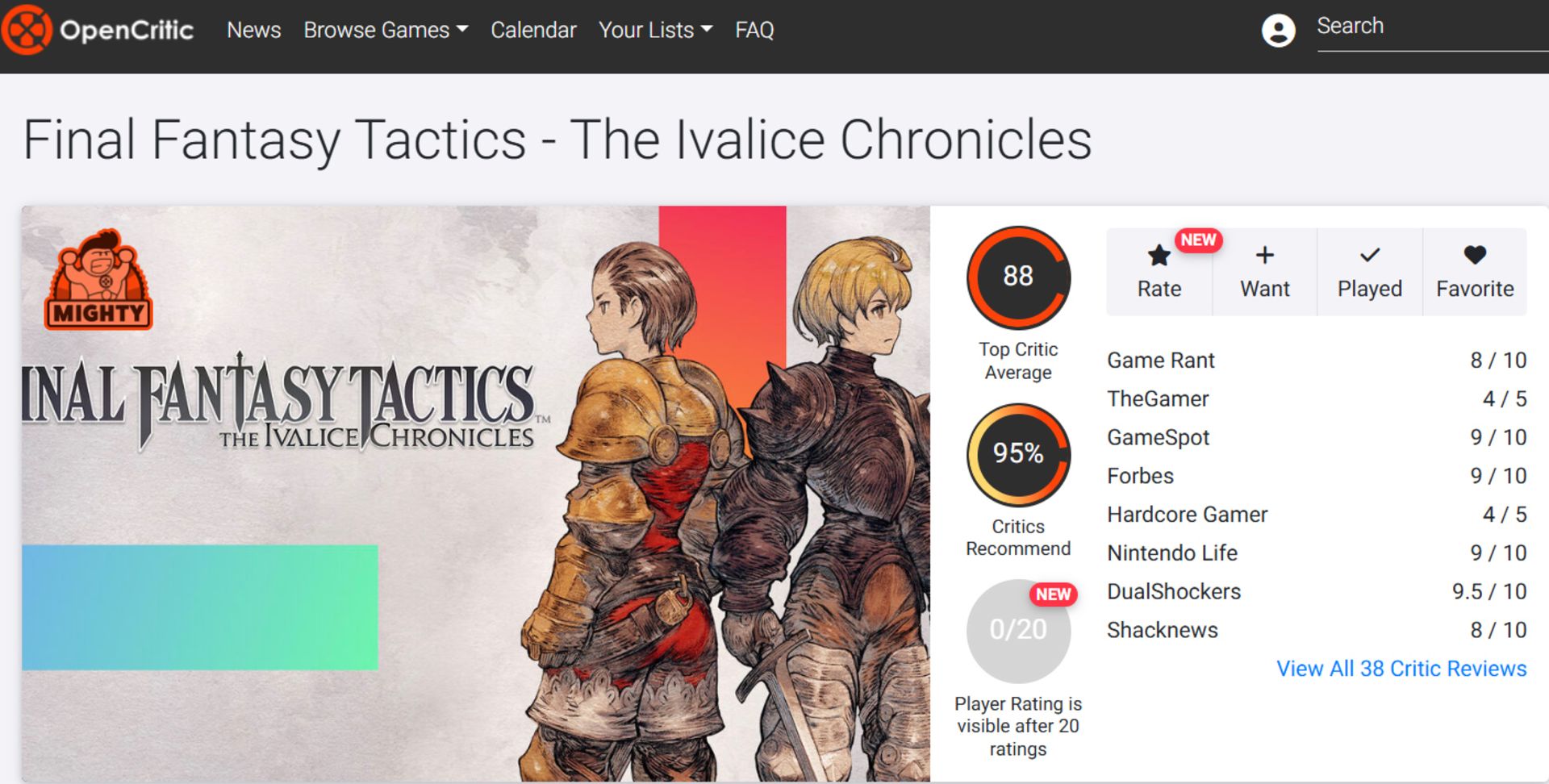 میانگین نقدها و نمرات بازی Final Fantasy Tactics: The Ivalice Chronicles در وب‌سایت اوپن‌کریتیک (Opencritic)