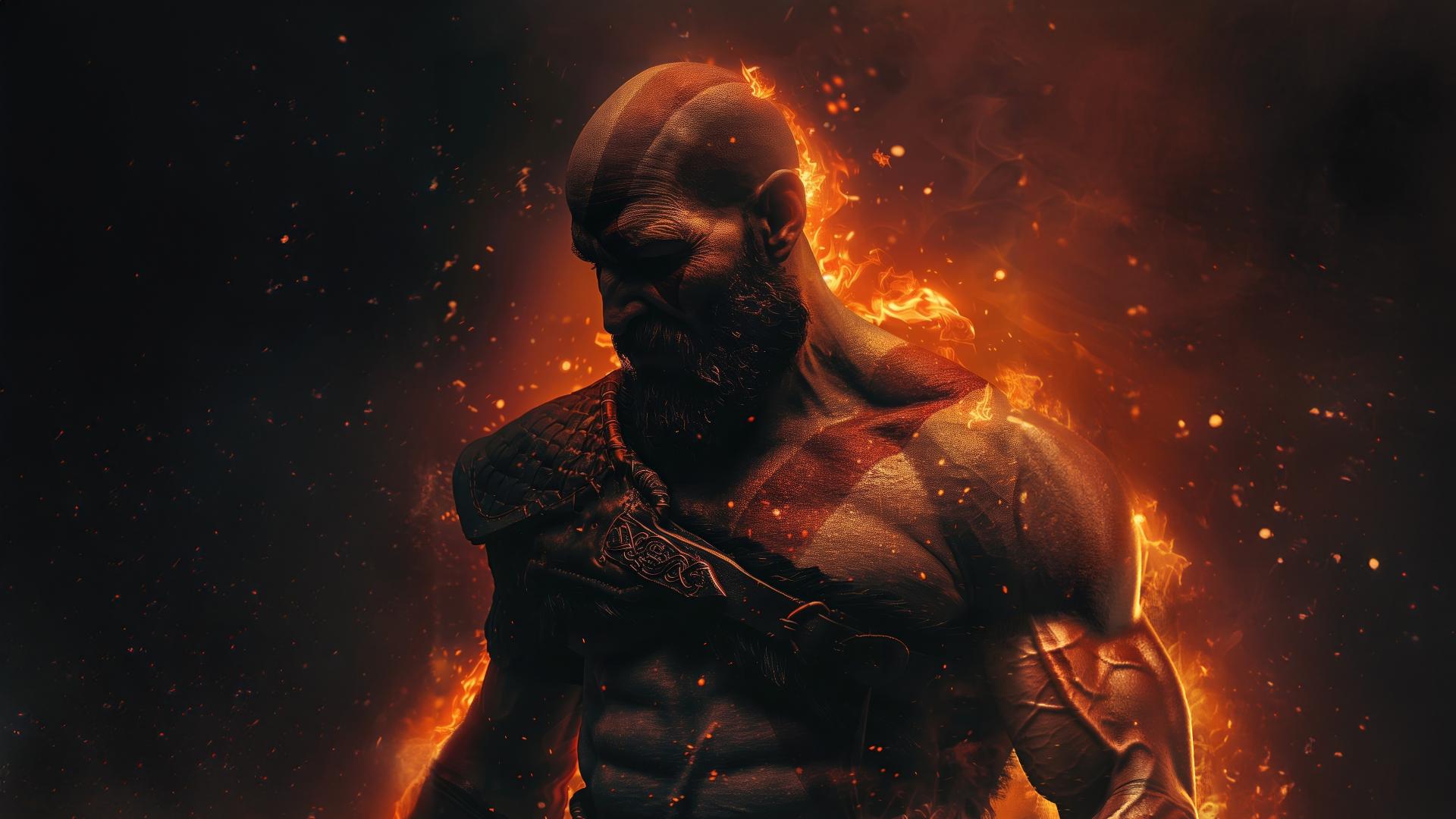 شعله‌ور شدن بدن کریتوس (Kratos) در بازی God of War Ragnarök