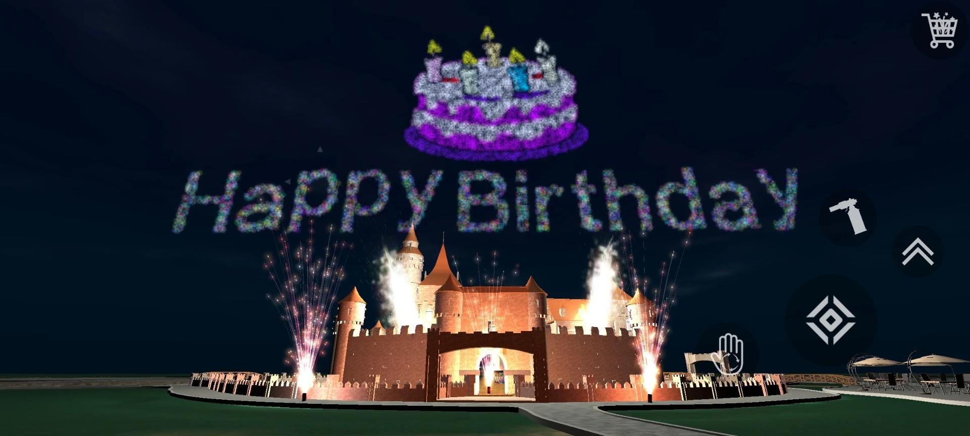 آتش‌بازی در بازی Fireworks Simulator 3D با نمای یک قلعه و کیک تولد