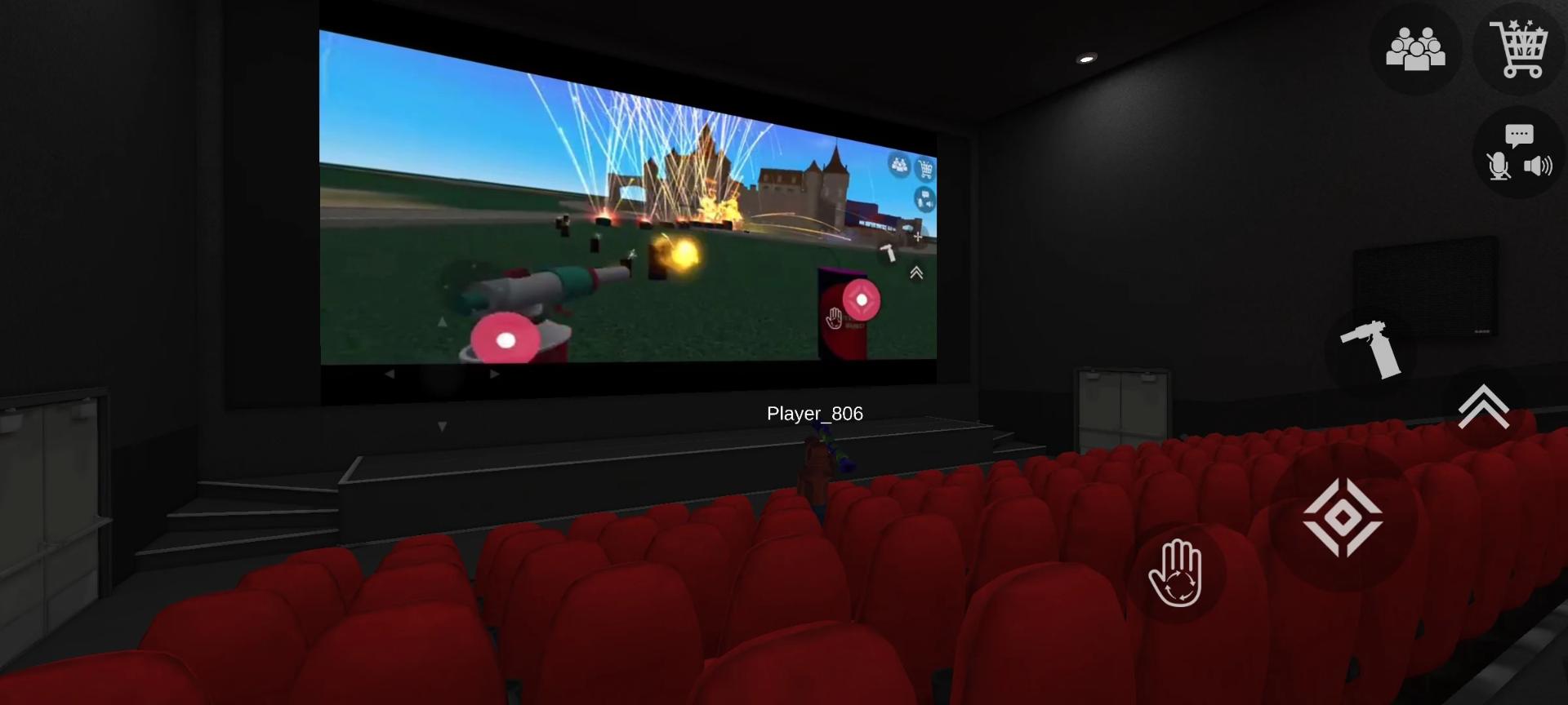 نمای بازی Fireworks Simulator 3D در یک سالن سینما با صندلی‌های قرمز