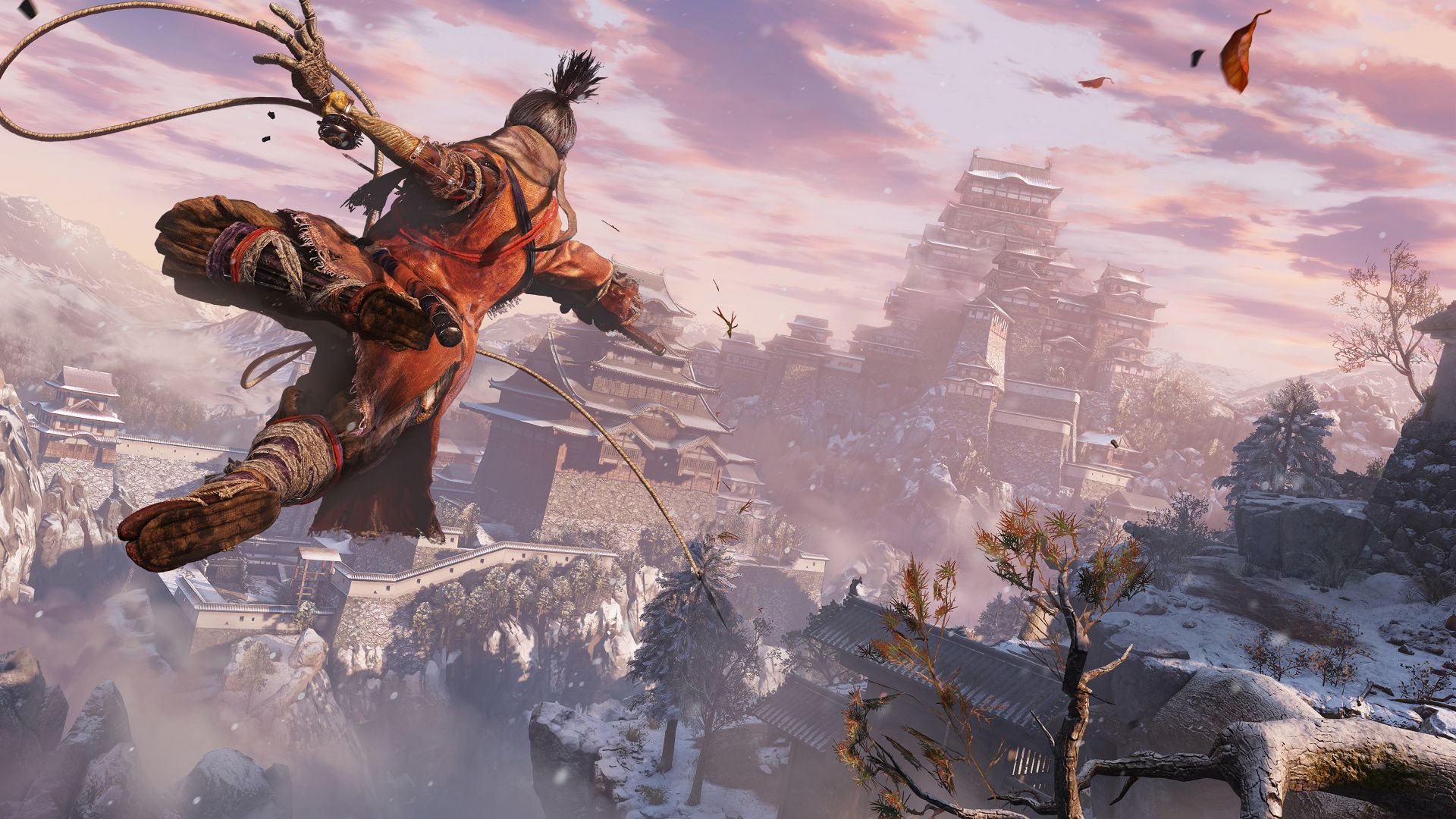 پرواز شخصیت اصلی بازی Sekiro: Shadows Die Twice بر فراز شهر و ساختمان‌ها