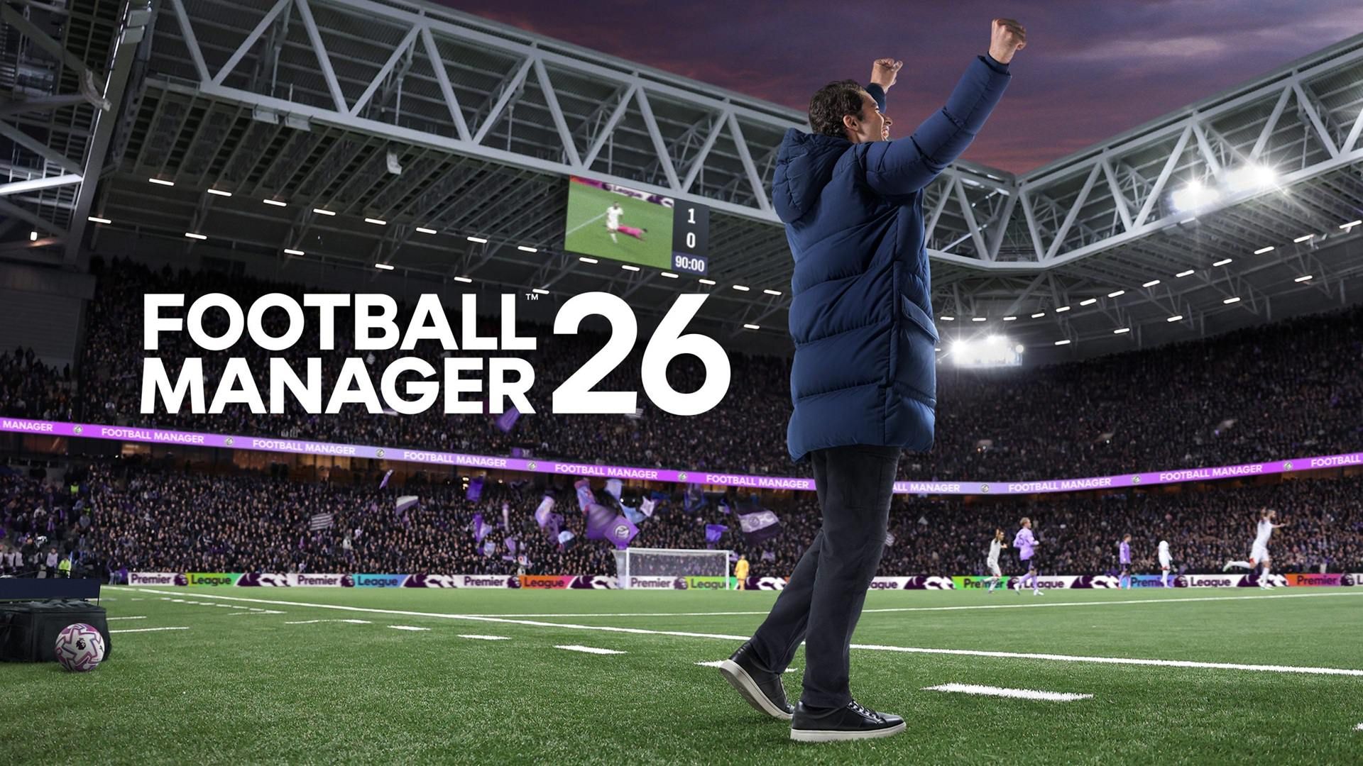 خوشحالی یک مربی در پوستر بازی Football Manager 26