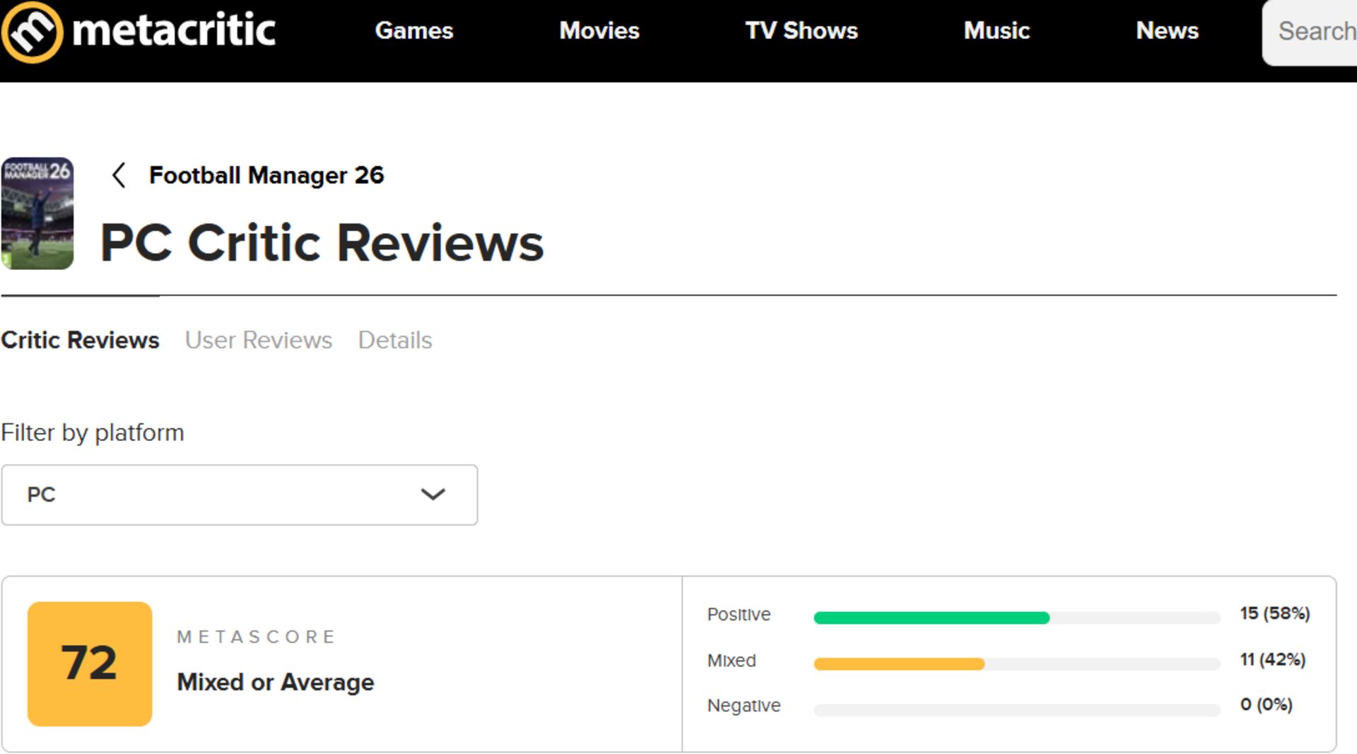 میانگین نقدها و نمرات بازی Football Manager 26 در وب‌سایت متاکریتیک (Metacritic)