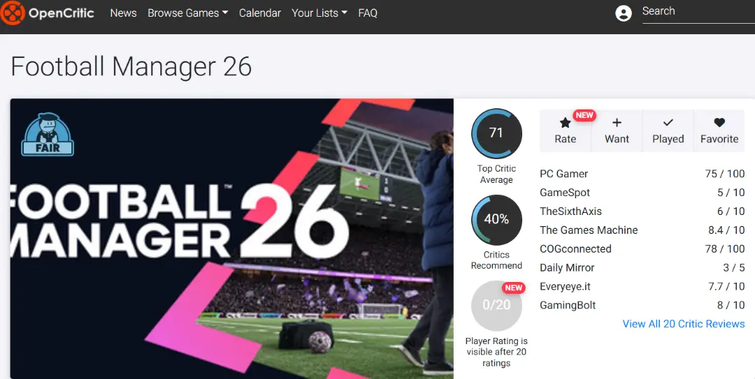 میانگین نقدها و نمرات بازی Football Manager 26 در وب‌سایت اوپن‌کریتیک (Opencritic)