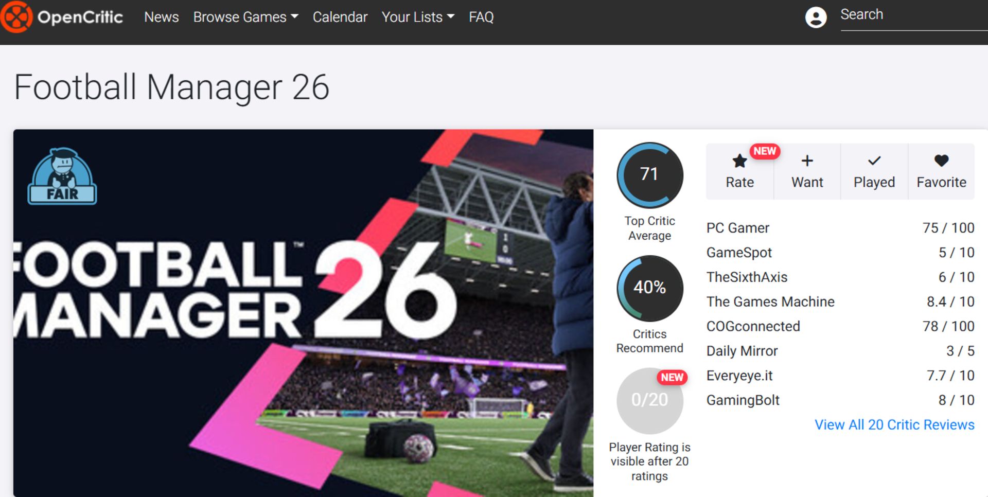 میانگین نقدها و نمرات بازی Football Manager 26 در وب‌سایت اوپن‌کریتیک (Opencritic)