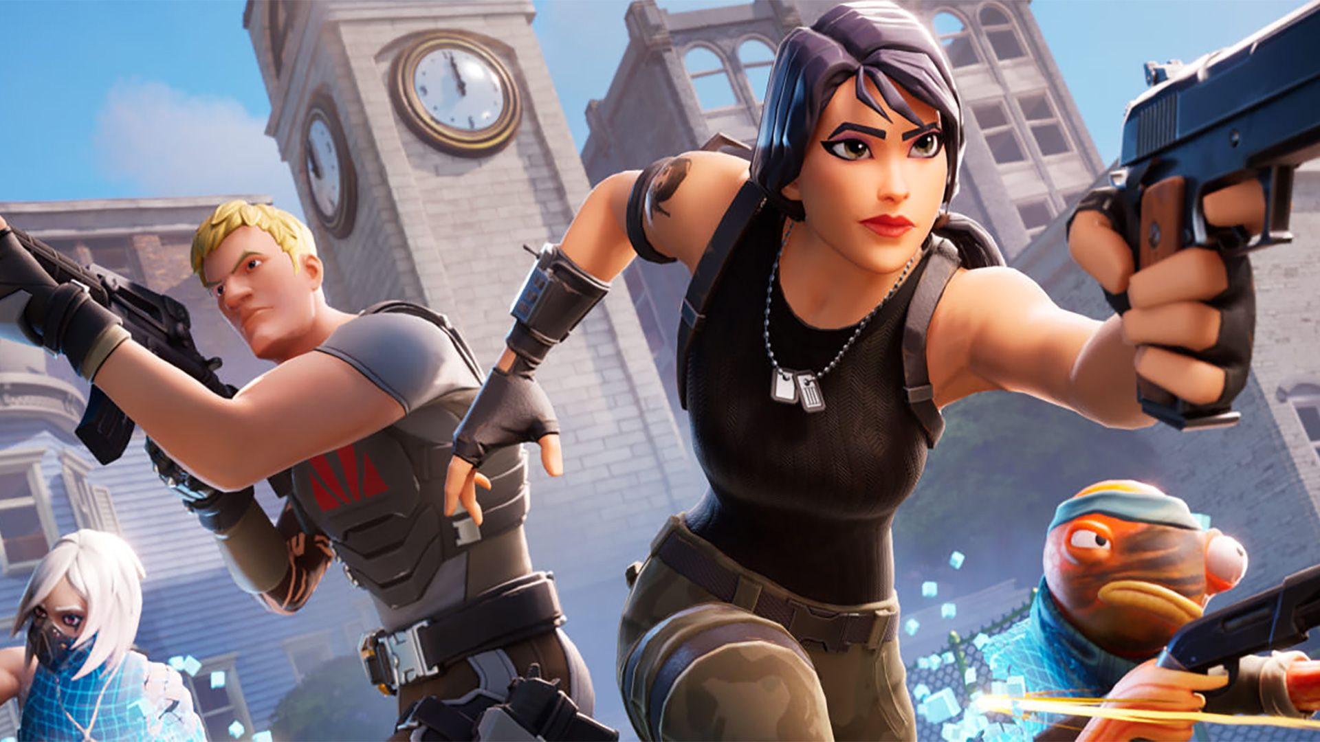 شخصیت‌های بازی فورتنایت (Fortnite) در حال مبارزه در محیط شهری