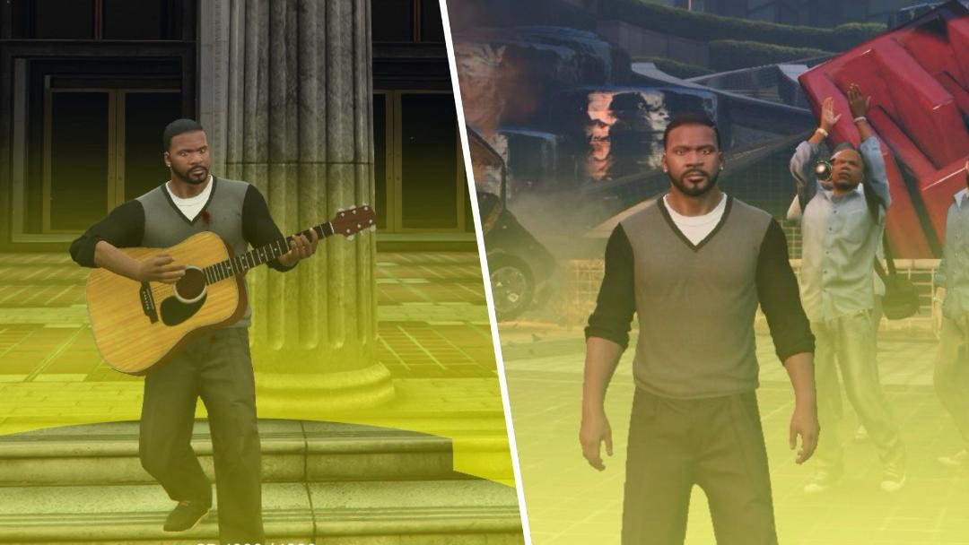 شخصیت فرانکلین (Franklin) در بازی GTA 5 در حال نواختن گیتار آکوستیک