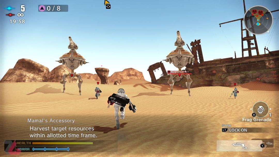 مبارزه شخصیت اصلی با دشمنان در صحرا در بازی Freedom Wars Remastered