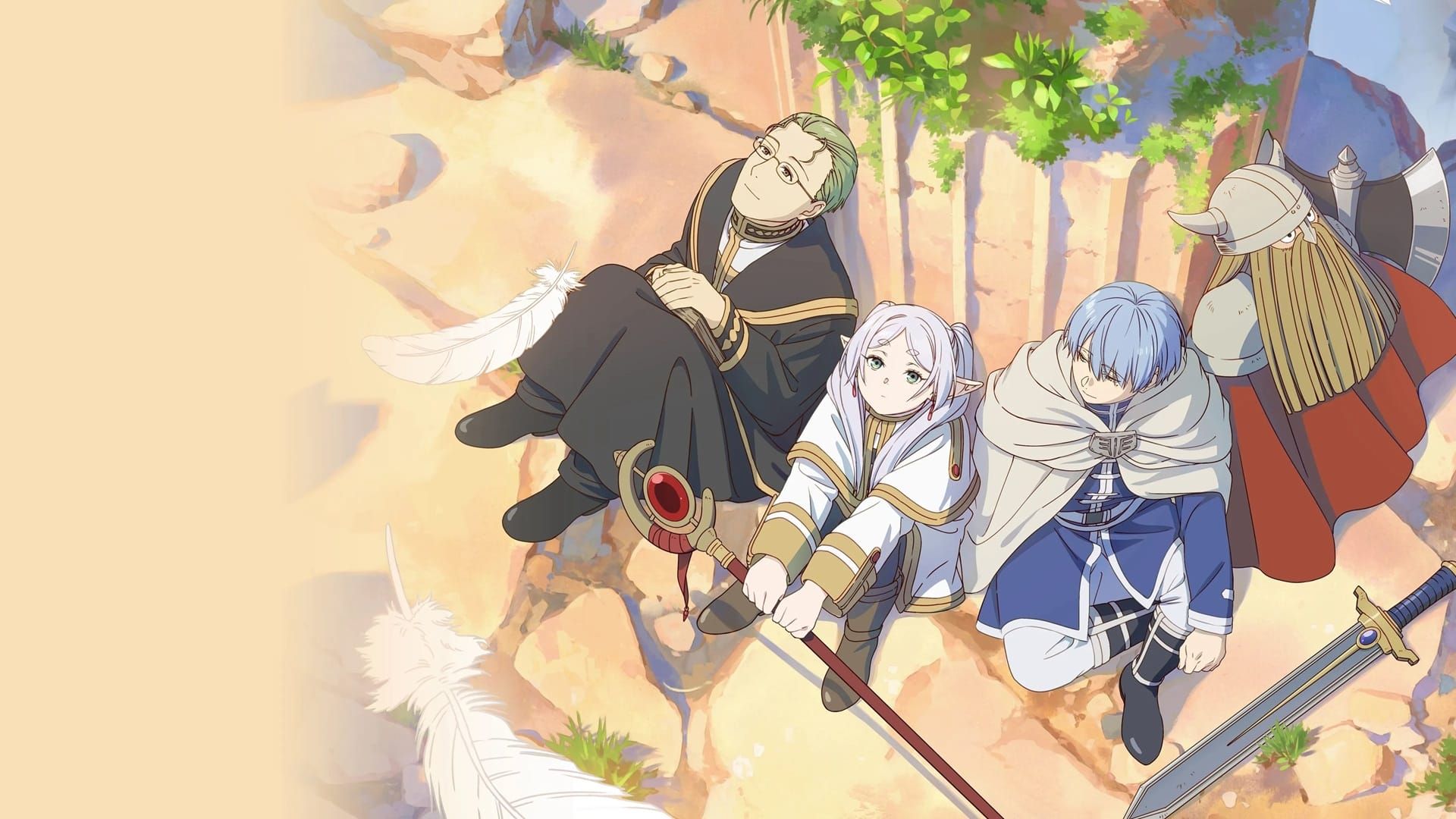 فریرن به همراه دوستانش در گروه قهرمانان در انیمه چهره متعجب فرن و اشتارک در انیمه Frieren Beyond Journey's End