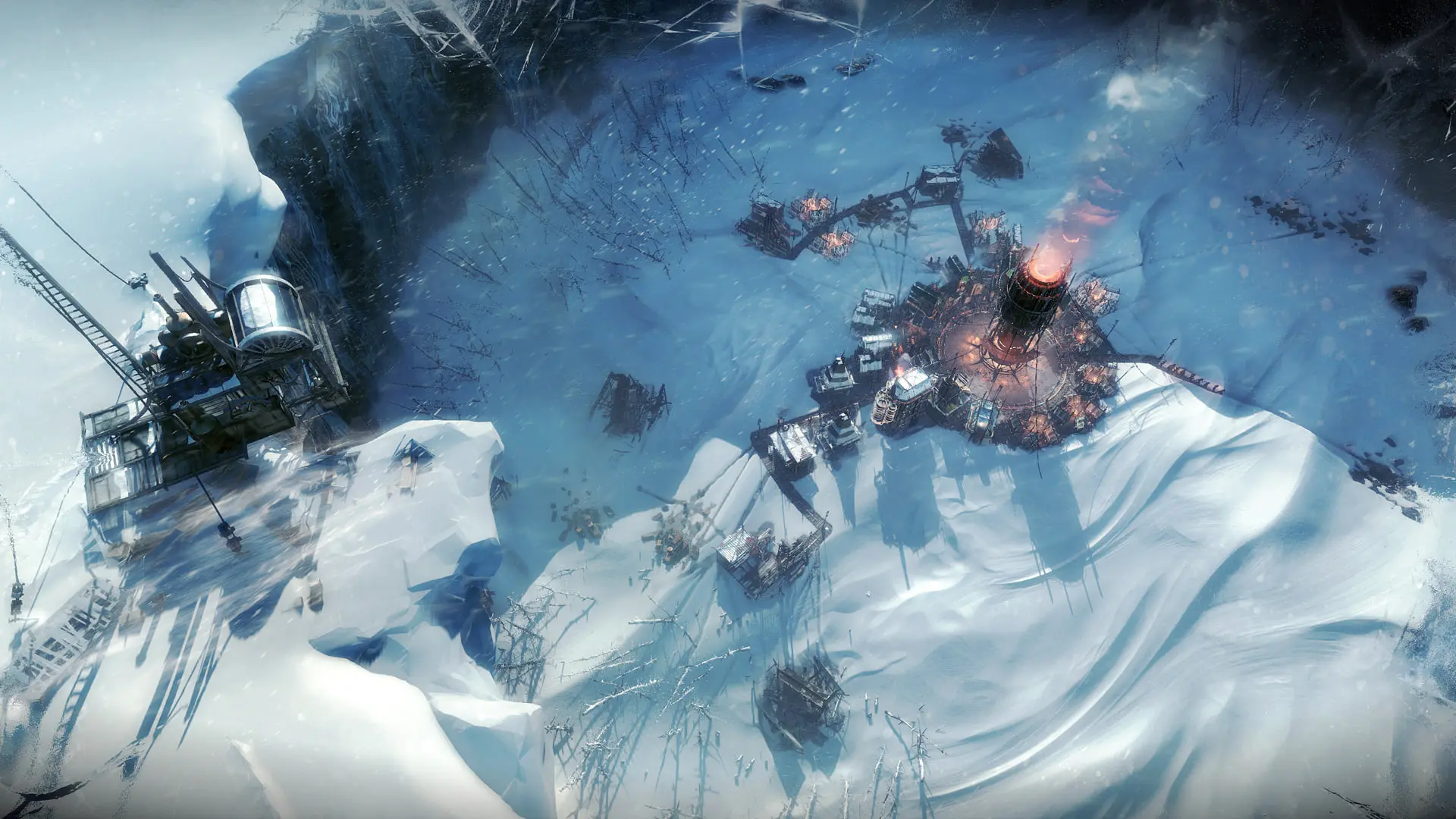منظره‌ای از شهر یخ‌زده و ژنراتور مرکزی در بازی Frostpunk