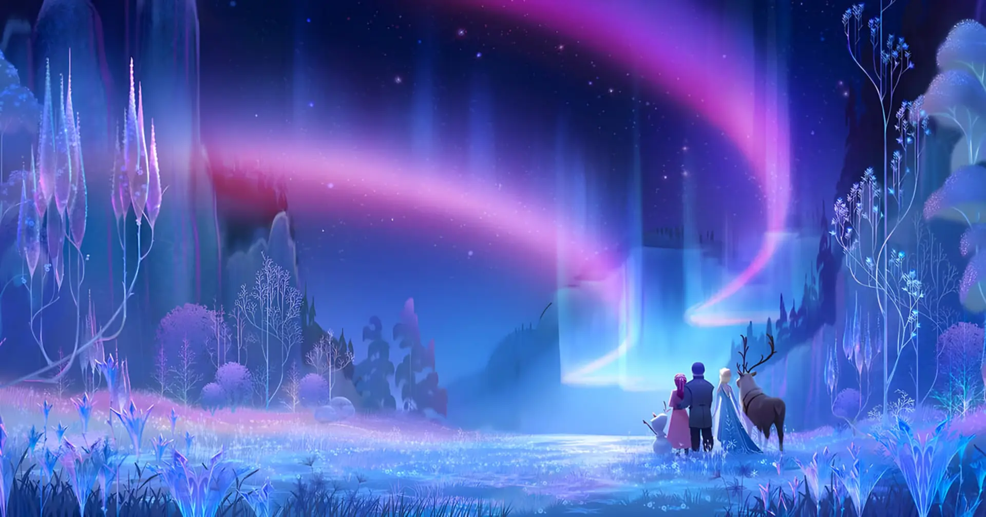 شخصیت‌های انیمیشن فروزن ۳ (Frozen 3) در مقابل شفق قطبی در طبیعت برفی