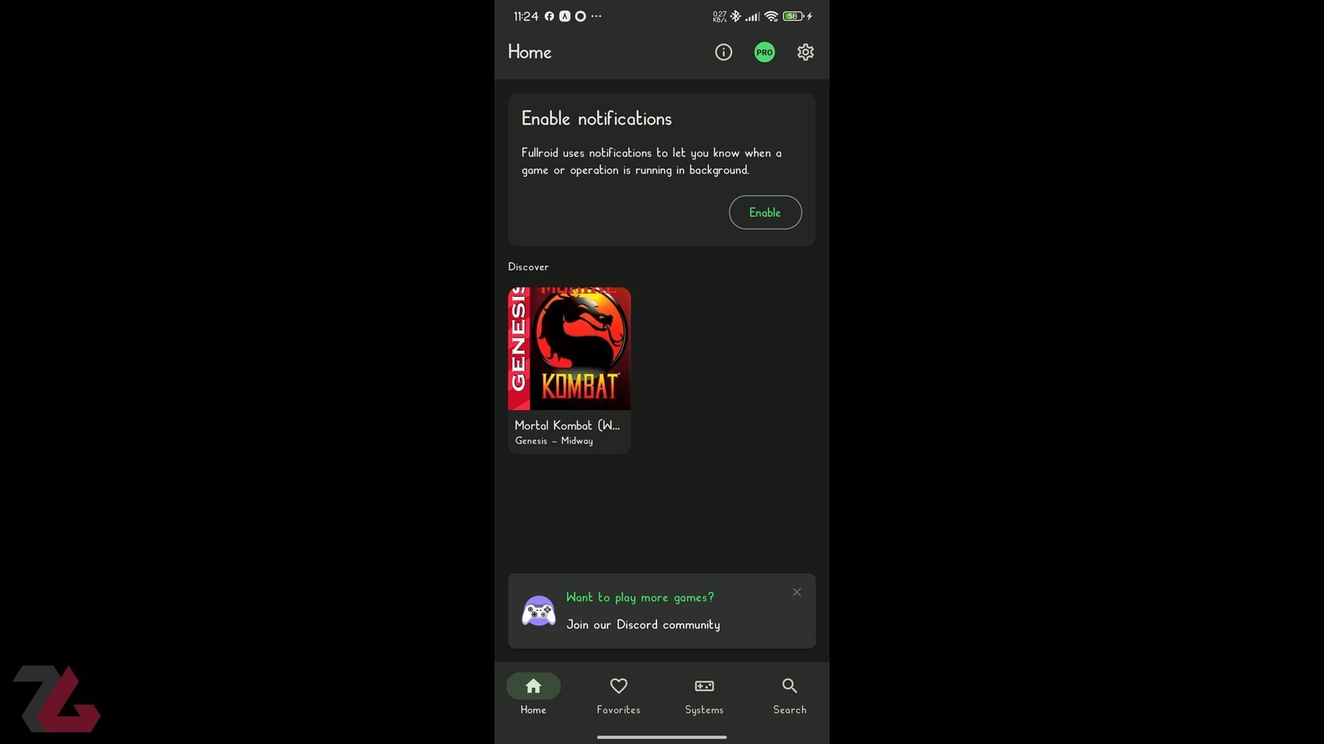 منوی نرم‌افزار شبیه‌ساز Fullroid روی اندروید