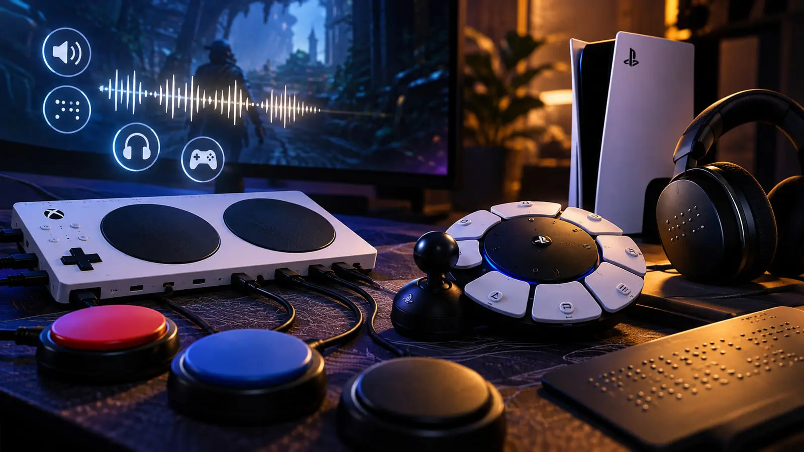 کنترلرهای مخصوص دسترس‌پذیری گیمینگ در کنار کنسول پلی‌استیشن (PlayStation) و تجهیزات بازی