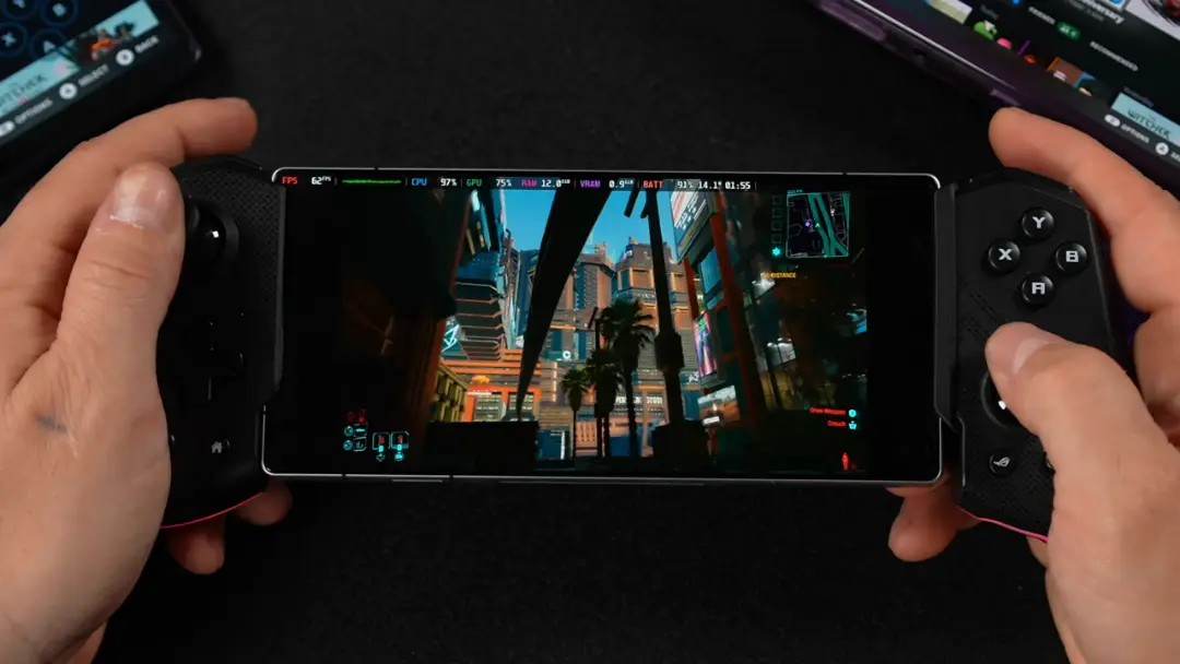 بازی سایبرپانک (Cyberpunk 2077) در حال اجرا روی گوشی هوشمند با کنترلر