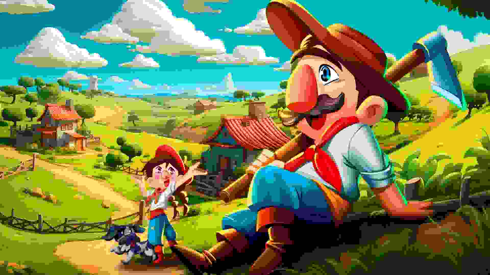 دو کشاورز در کنار سگ در منظره سرسبز در طراحی هنری بازی Gaucho and the Grassland