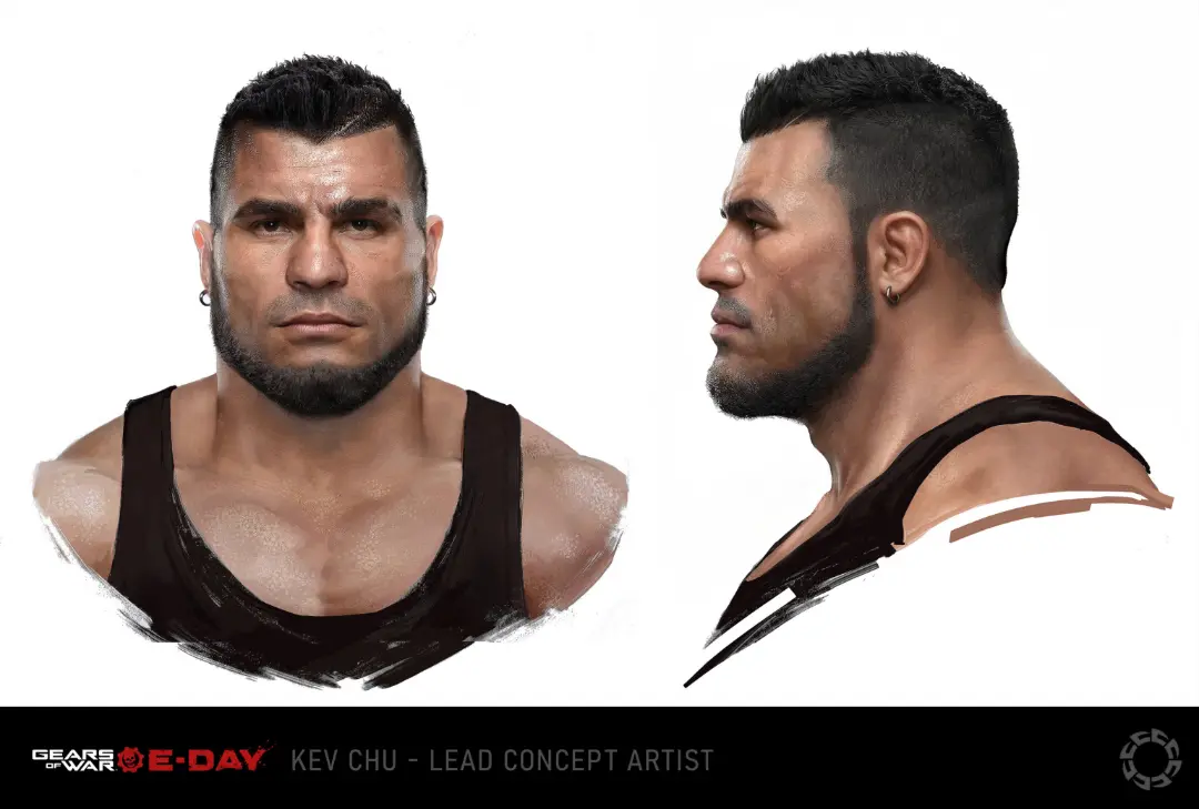طرح اولیه شخصیت بازی Gears of War: E-Day از نگاه روبرو و نیم‌رخ