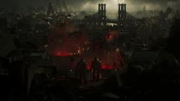 دو سرباز Gears of War (E-Day) در میان ویرانه‌های یک شهر در حال سوختن