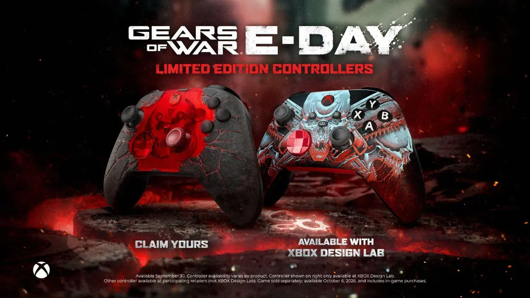 دو عدد کنترلر ایکس باکس (Xbox) با طرح‌های اختصاصی بازی Gears of War E-Day