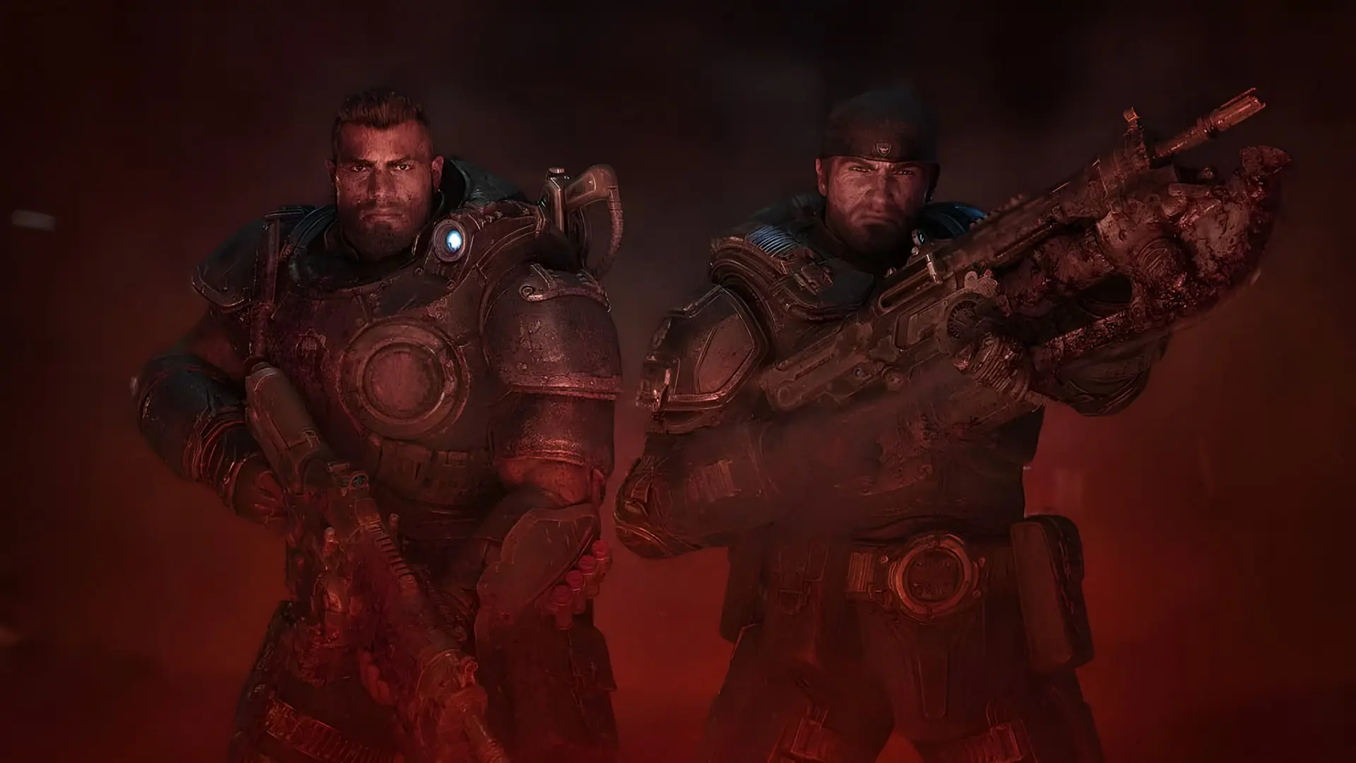 دو سرباز زره‌پوش در محیط جنگی بازی Gears of War: E-Day (E-Day)