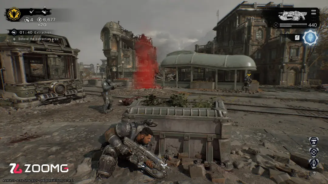 شخصیت اصلی در محیط ویران‌شده بازی Gears of War (E-Day) در حال مبارزه است