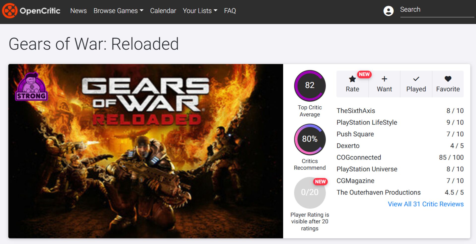 میانگین نقدها و نمرات بازی Gears of War: Reloaded در وب‌سایت اوپن‌کریتیک (Opencritic)