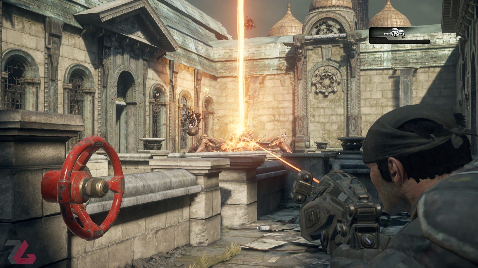 حمله به یک دشمن با اسلحه Hammer of Dawn در بازی Gears of War Reloaded