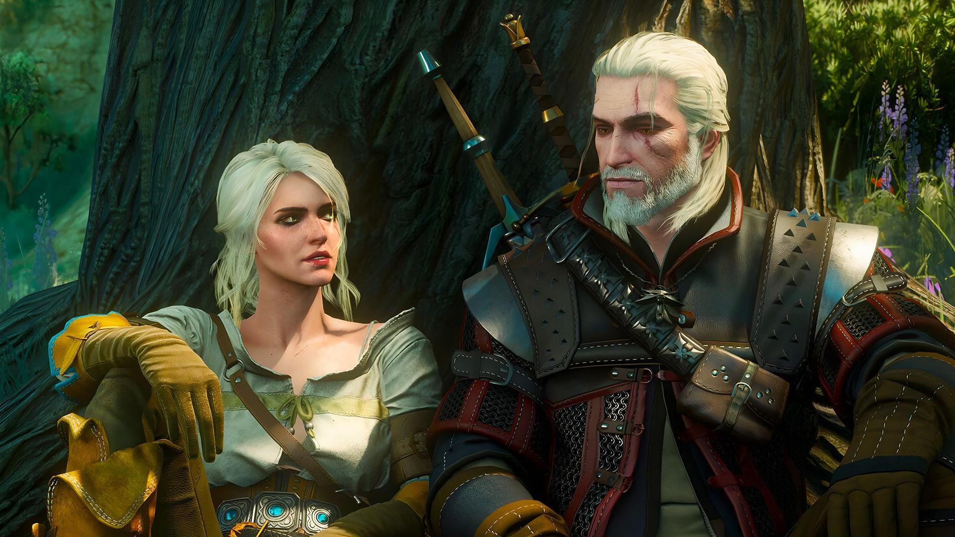 گرالت (Geralt) و سیری (Ciri) در محیط جنگلی بازی ویچر ۳