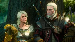 گرالت (Geralt) و سیری (Ciri) در محیط جنگلی بازی ویچر ۳
