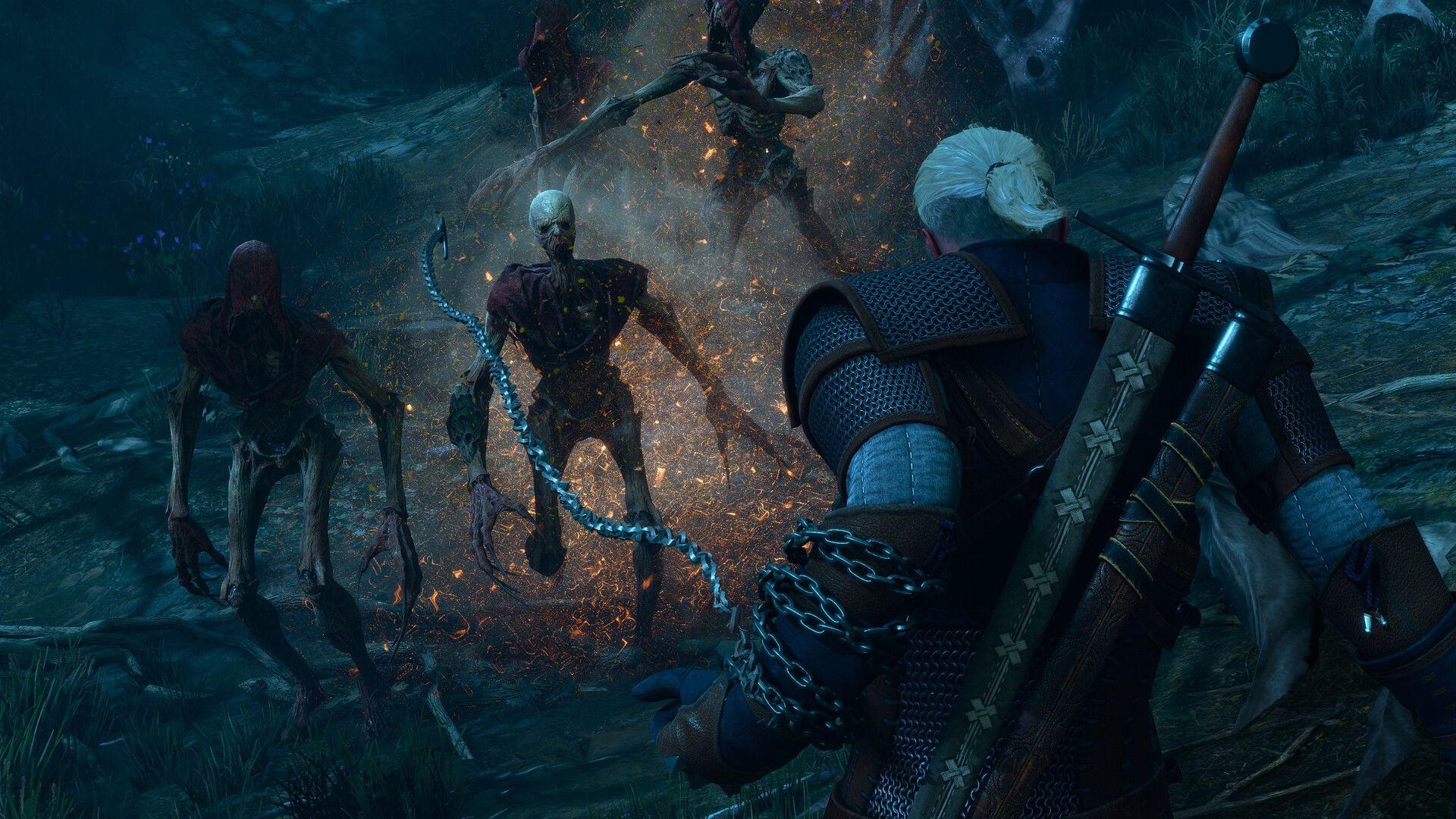 سلاح زنجیری گرالت (Geralt) در حال مبارزه با دشمنان نامیرا در بازی The Witcher 3