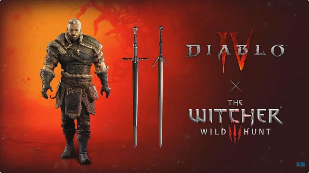 شخصیت گرالت (Geralt) همراه با دو شمشیر در بازی دیابلو ۴ (Diablo IV)