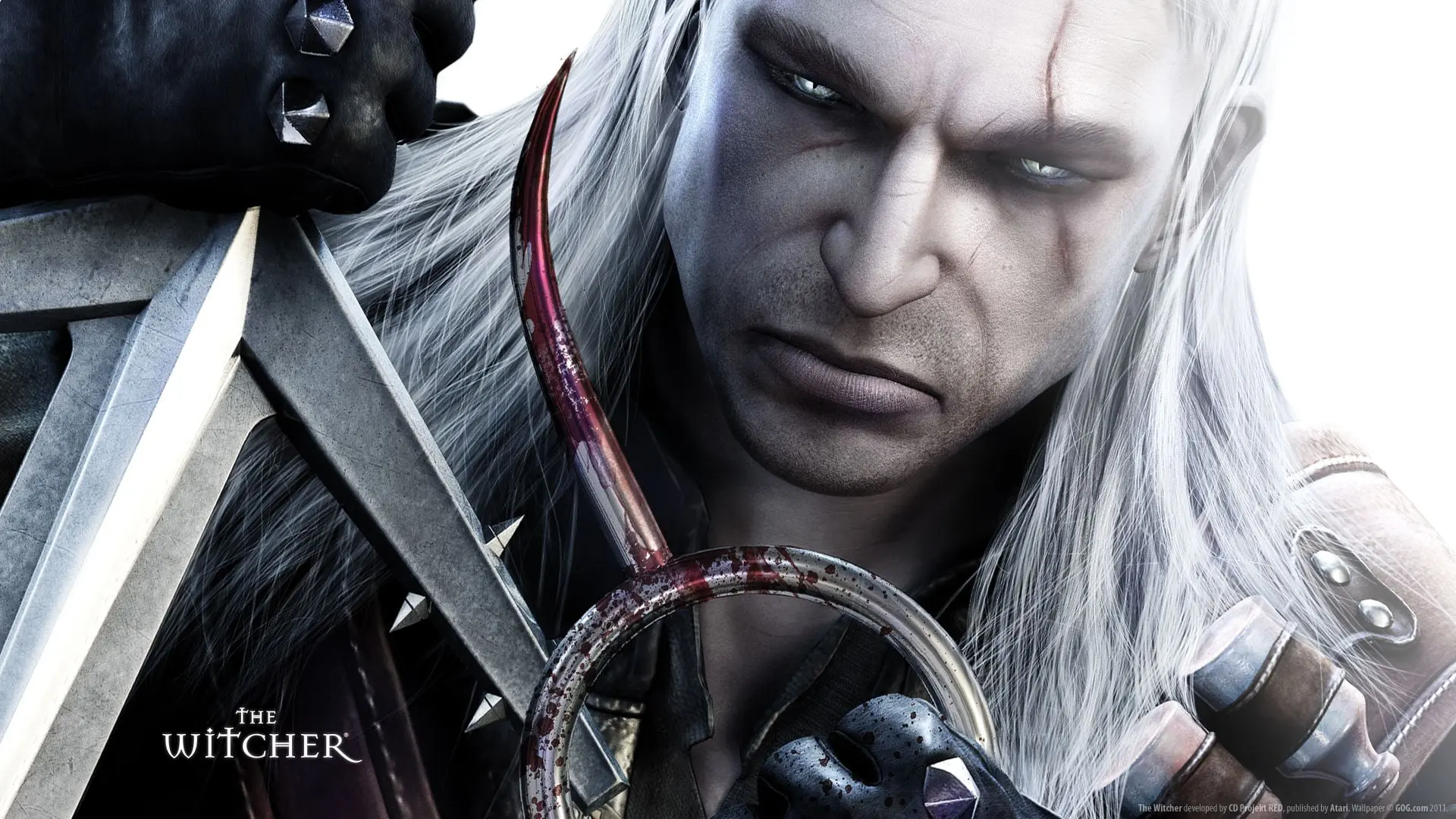 گرالت (Geralt) از بازی The Witcher با موهای سفید و شمشیر