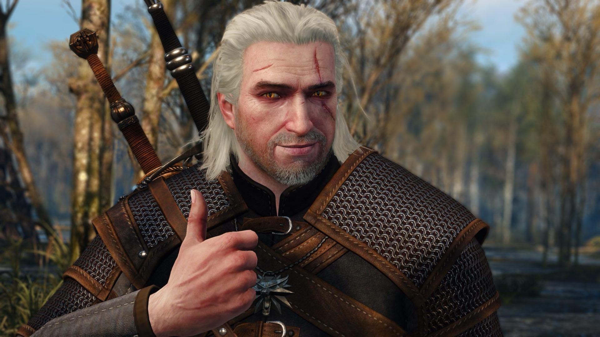گرالت (Geralt of Rivia) با زره چرمی و شمشیر در طبیعت