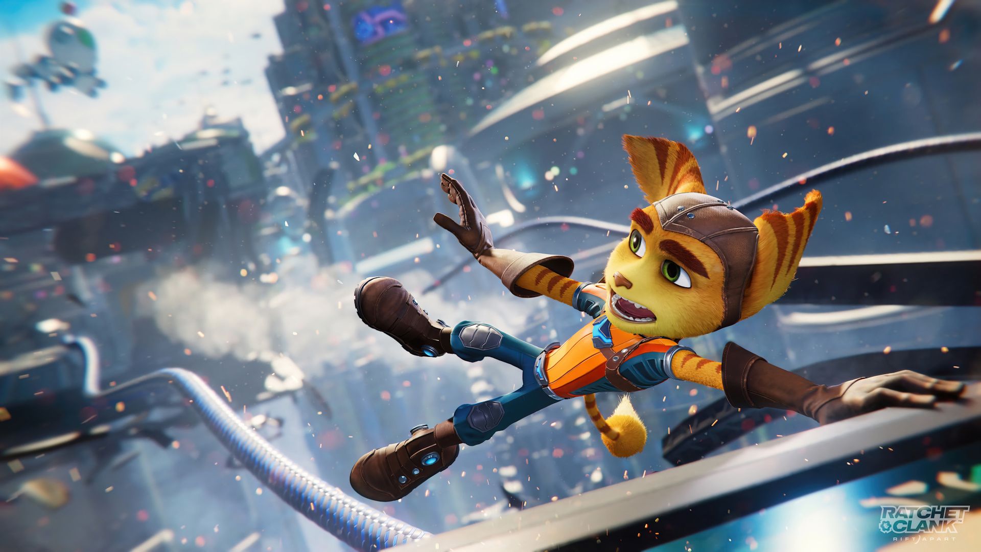 تلاش شخصیت رچت برای به بیرون پرت نشدن از هواپیما در بازی Ratchet & Clank: Rift Apart