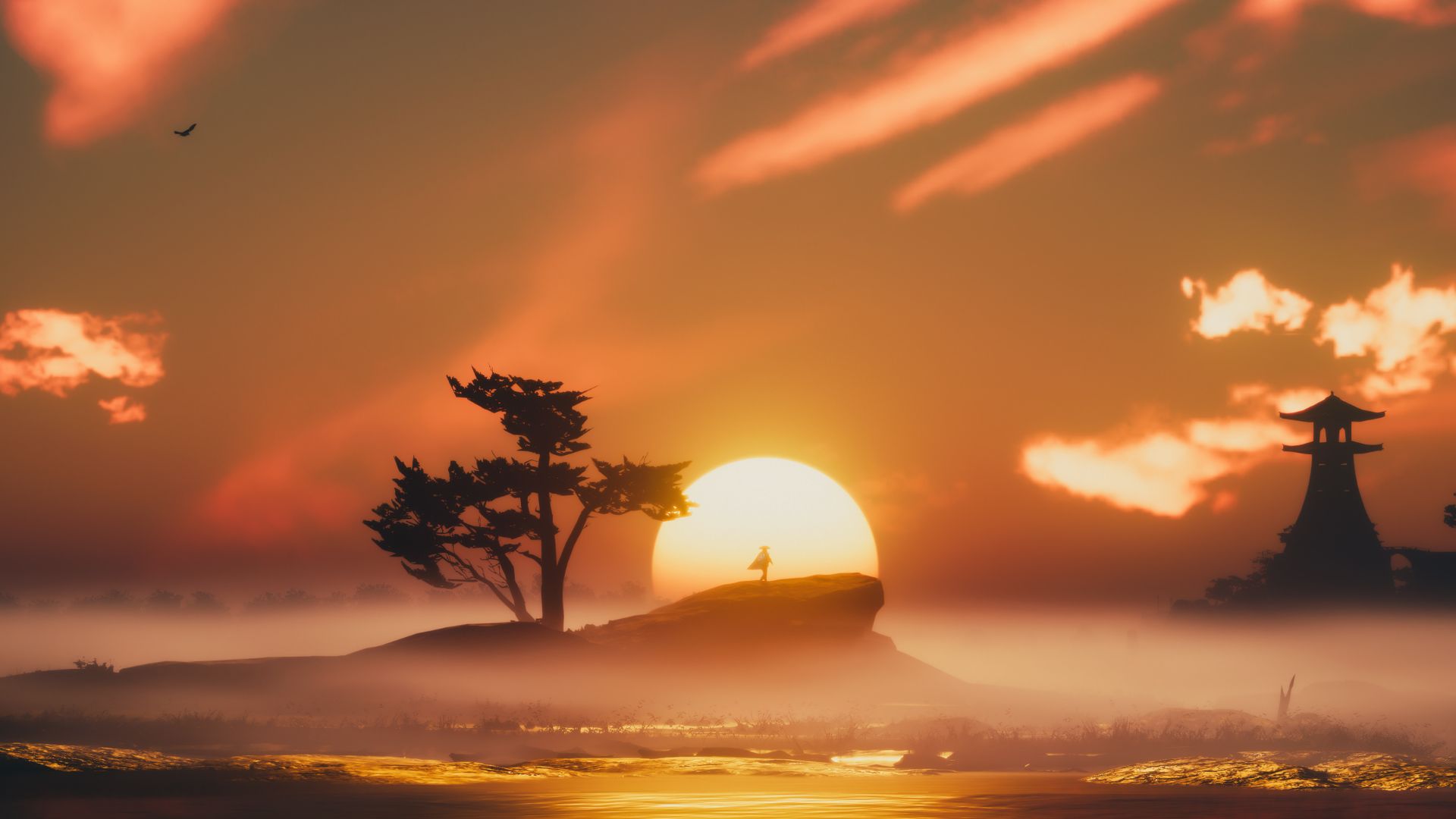 تصویری مینیمال از شخصیت اصلی بازی Ghost of Tsushima در غروب خورشید