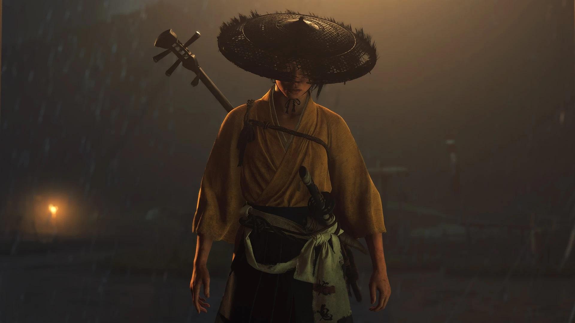 ایستادن آتسو زیر باران در بازی Ghost Of Yotei