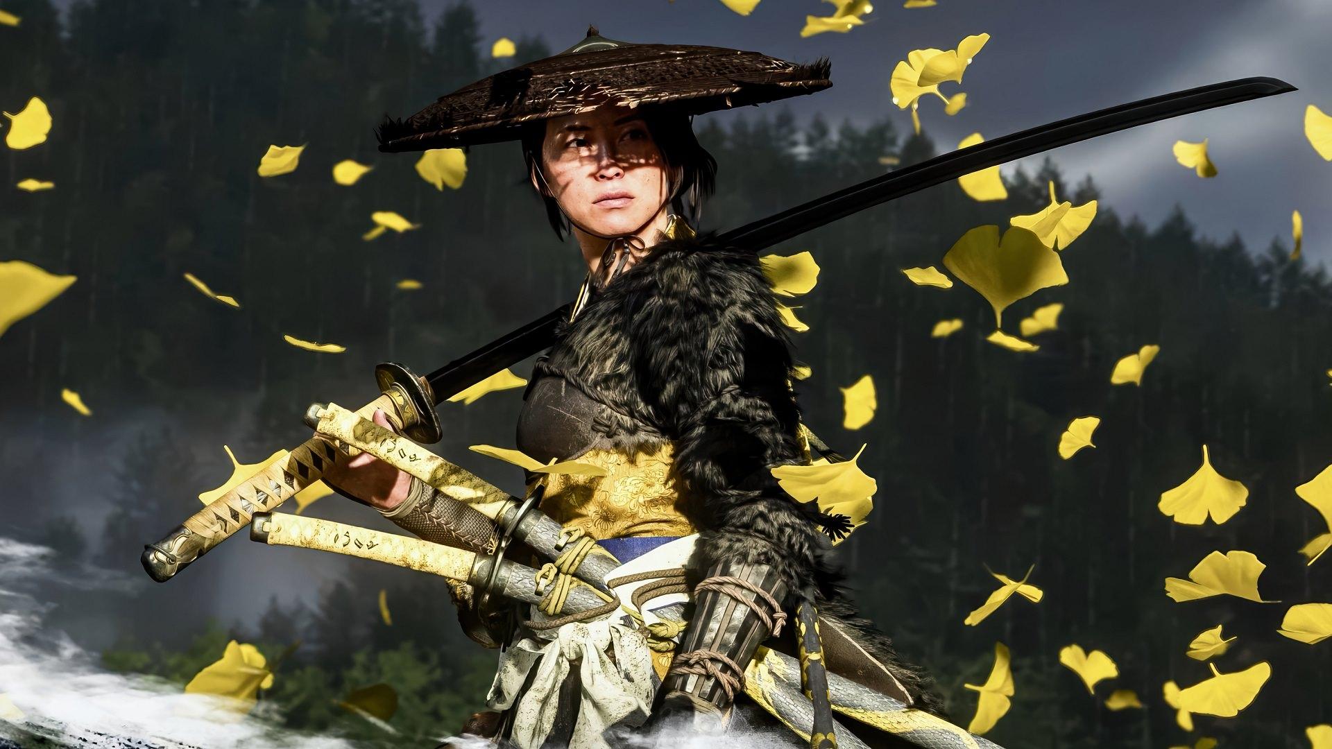 ایستادن آتسو در میان برگ‌ها در بازی Ghost Of Yotei