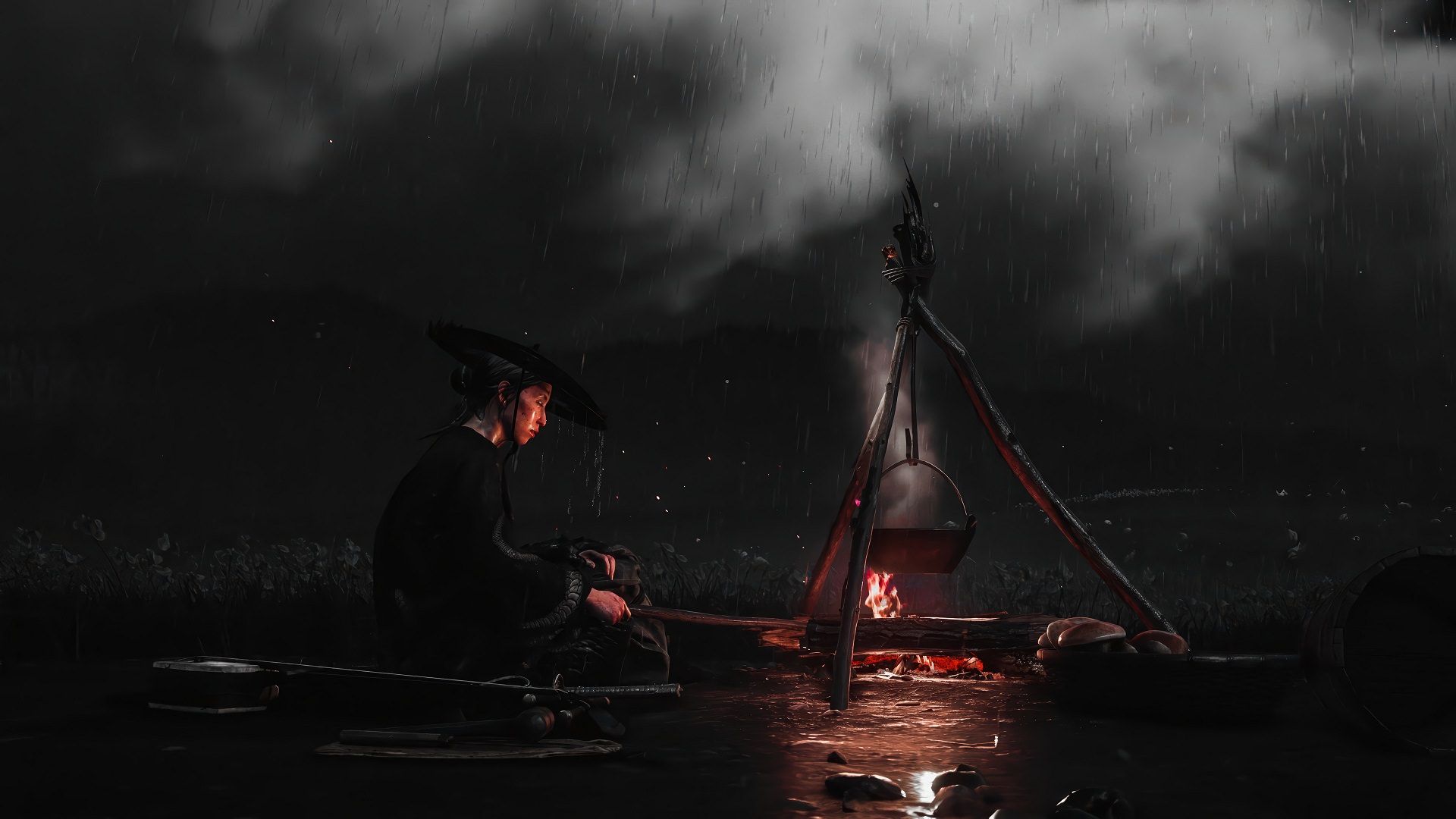 کمپ کردن آتسو در تاریکی شب در بازی Ghost Of Yotei