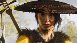 شخصیت زن در بازی Ghost of Yōtei با کلاه حصیری سنتی ژاپنی