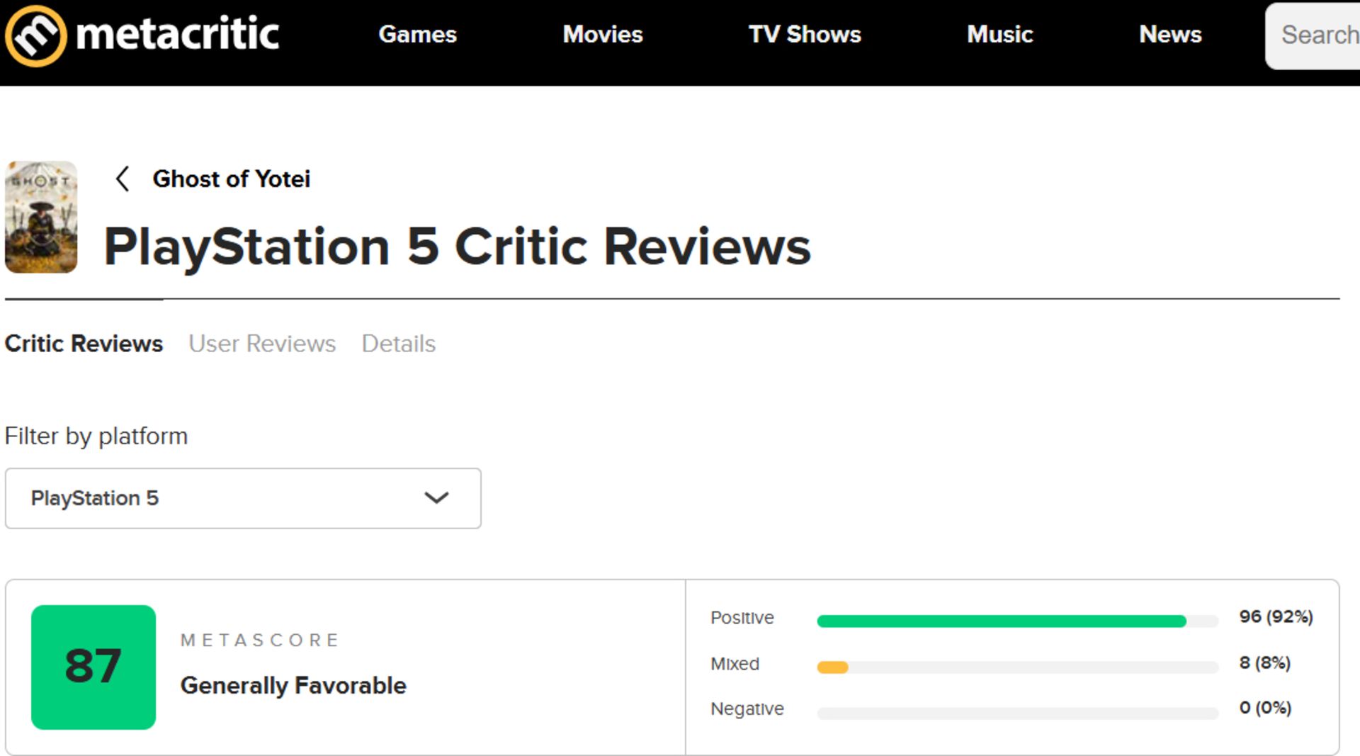 میانگین نقدها و نمرات بازی Ghost of Yotei در وب‌سایت متاکریتیک (Metacritic)